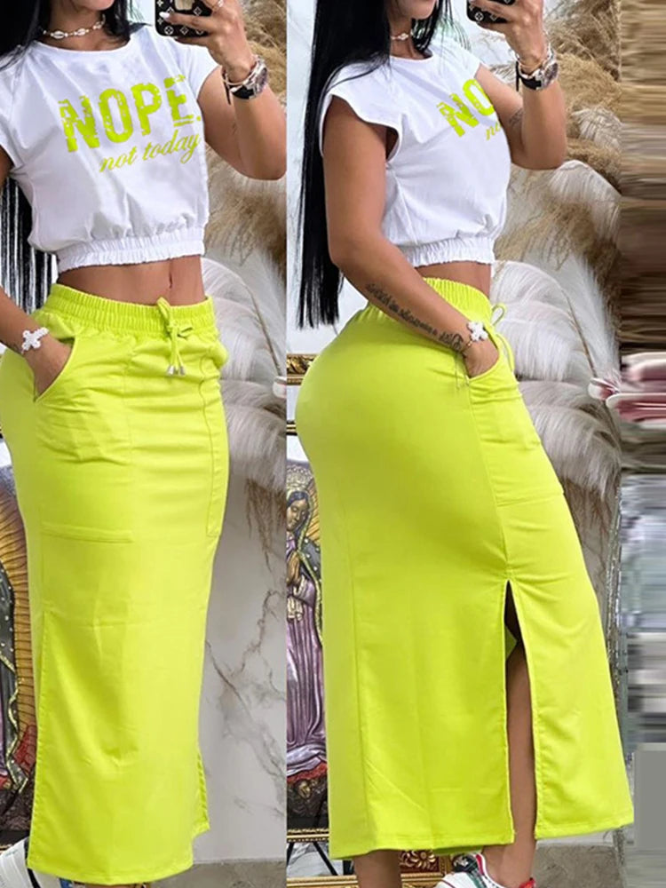 2025 Summer Two Piece Sets Women Outifit Fashion Print Colorblock O-Neck Short Sleeve Crop Top & Casual Striped Pocket Skirt Set