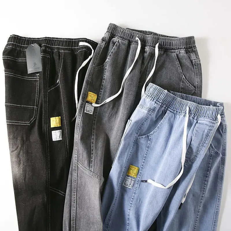 Jeans For Man Clothes Straight Baggy Wide Leg Casual Oversize Pants Vintage Korean Streetwear Tapered Embroidered Trousers