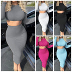 Womens Dress Sets Long Sleeve Crop Tops And Mid Calf Skirt Suit Fashion 2PCS Set Slim Office Lady Autumn Suits Clothing Q2418