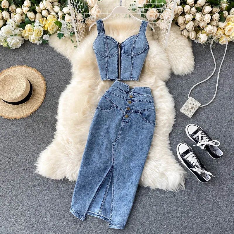 Skirt Sets Women Denim Skirts Two Piece Set Tanks Sleeve Less Slim Fit Vests High Waist Jeans Button Streetwear Summer