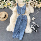 Skirt Sets Women Denim Skirts Two Piece Set Tanks Sleeve Less Slim Fit Vests High Waist Jeans Button Streetwear Summer