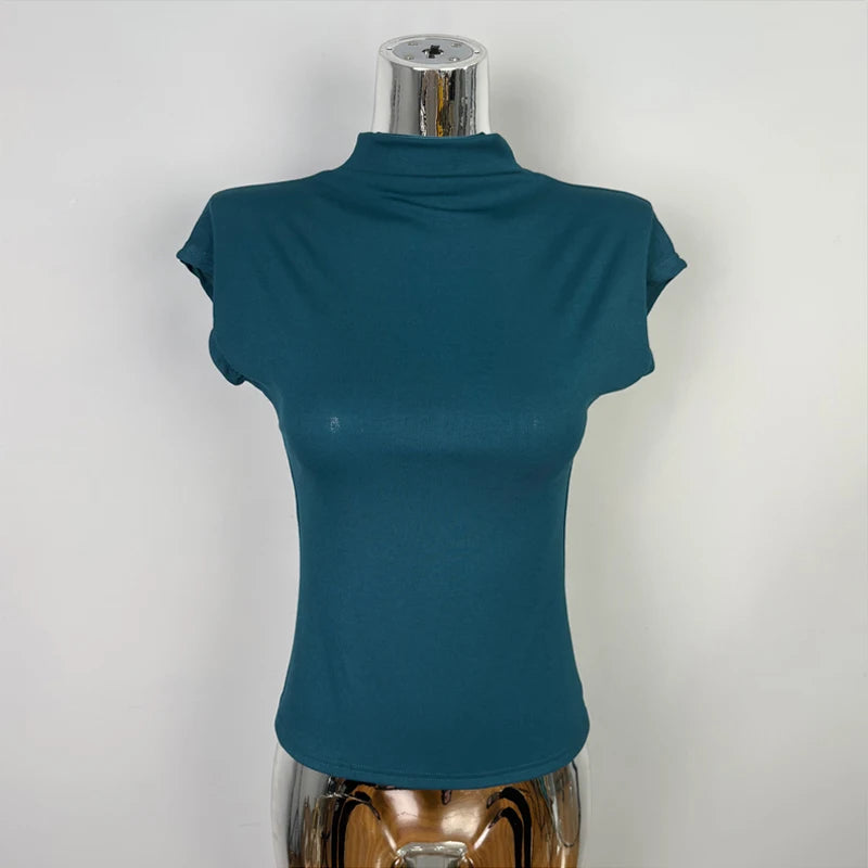 Female Streetwear Basics Versatile Tops Women Sexy Turtleneck Short Sleeve T-Shirts Solid Slim Fit Summer Causal Tees Shirts
