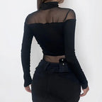 Women's Sexy Hollow Bodysuit Long Sleeved Mesh Tops Solid Fashion Half High Collar Jumpsuit Bottoming Clothes Y2k Club Bodysuits