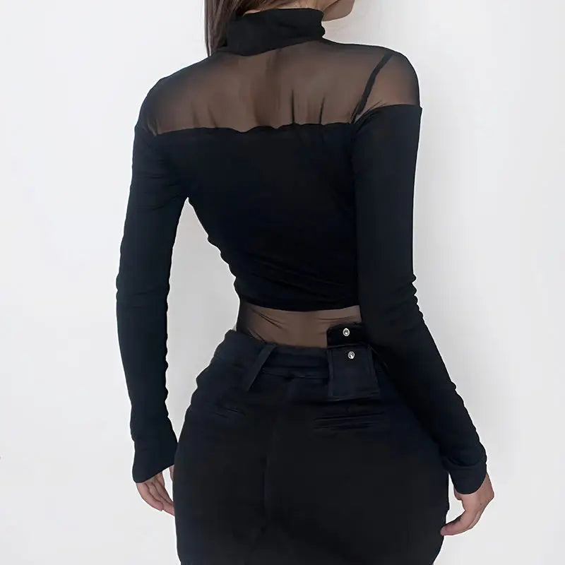 Women's Sexy Hollow Bodysuit Long Sleeved Mesh Tops Solid Fashion Half High Collar Jumpsuit Bottoming Clothes Y2k Club Bodysuits