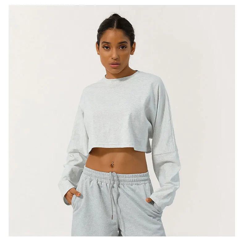 Women Long Sleeve Fitness Crop Top Soft Soild Color Workout T-Shirt Loose Running Yoga Shirt