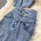Skirt Sets Women Denim Skirts Two Piece Set Tanks Sleeve Less Slim Fit Vests High Waist Jeans Button Streetwear Summer
