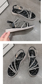 Flat-heeled Sandal Woman Rhinestone Comfortable Sandals for Women Summer New 2025 Without Heel Elegant Roman Fashion