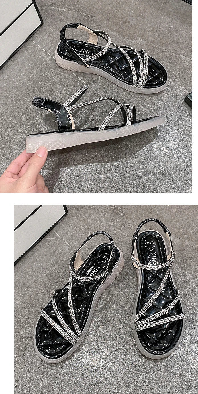 Flat-heeled Sandal Woman Rhinestone Comfortable Sandals for Women Summer New 2025 Without Heel Elegant Roman Fashion