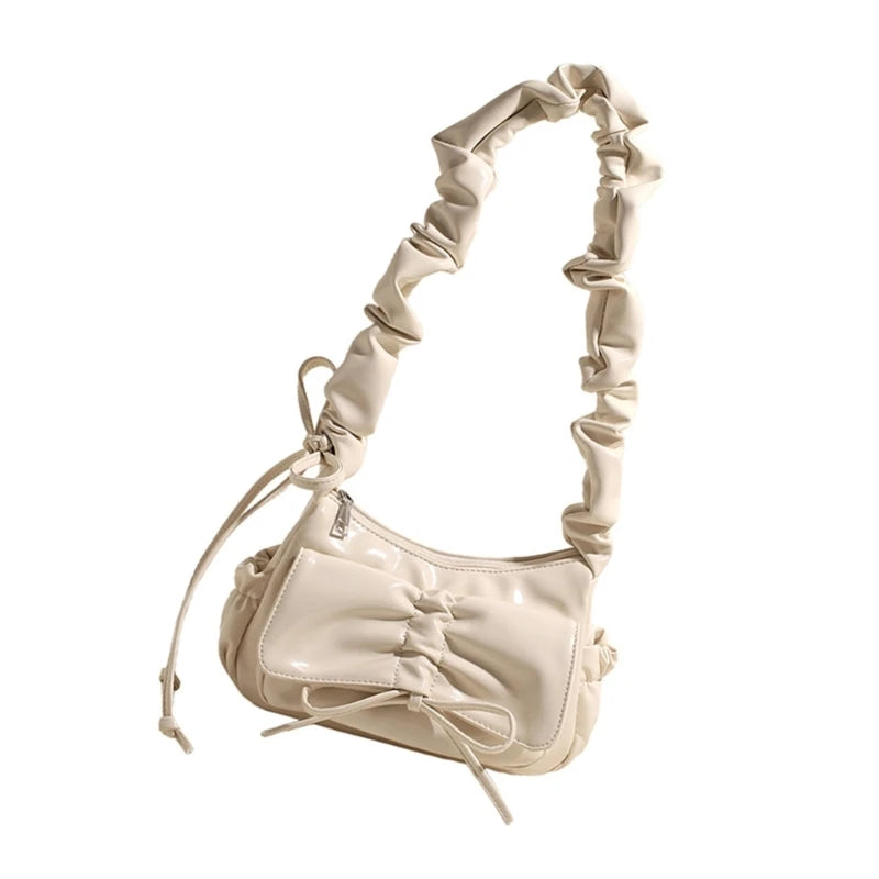 Stylish Casual Pleated Shoulder Bag with Novelty Bowknot PU Leather Handbag Purse for Female
