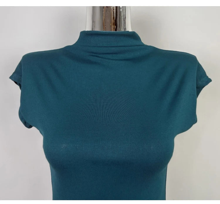 Female Streetwear Basics Versatile Tops Women Sexy Turtleneck Short Sleeve T-Shirts Solid Slim Fit Summer Causal Tees Shirts