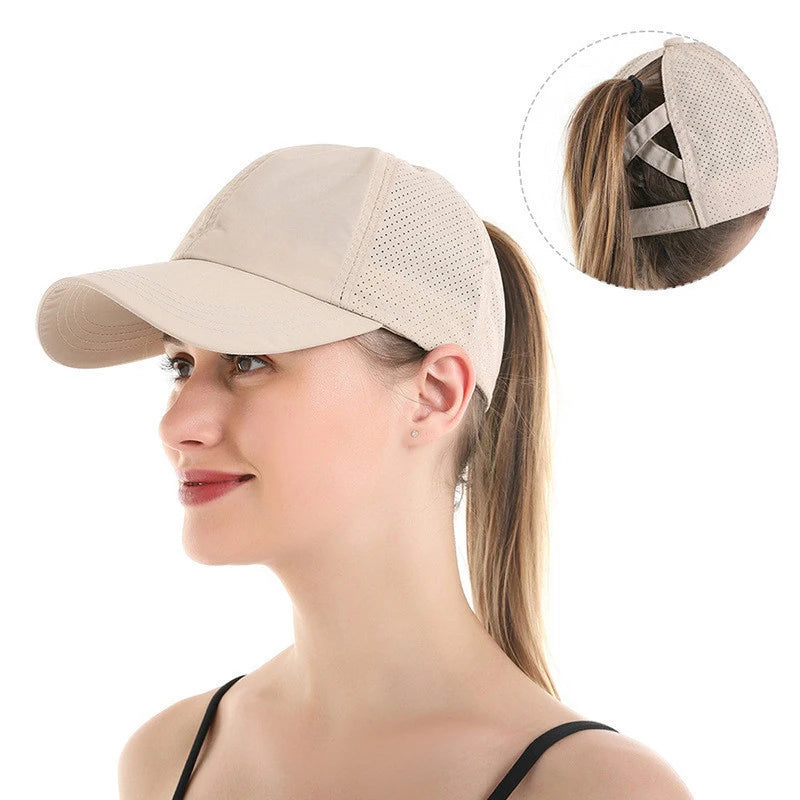 Summer Sun Hat Women Cross Ponytail Baseball Cap Outdoor Sport Hat Breathable Quick-Dry Sun Hat Camping Hiking Running Golf Caps