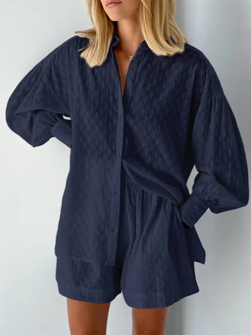 Women Jacquard Puff Sleeves Two Piece Sets for Summer Fashion Loose Shorts and Long Sleeved Shirt Outfits