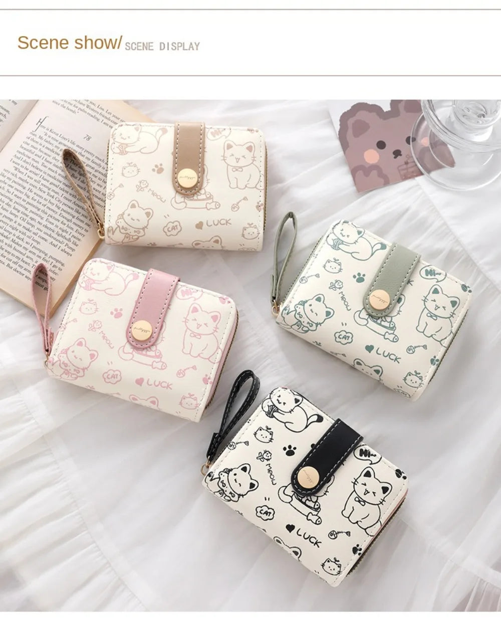 Cute Cat Coin Purse Women Fashion Short Wallet PU Leather Large Capacity Wallet Lightweight ID Card Holder Travel Cash Coin Bag
