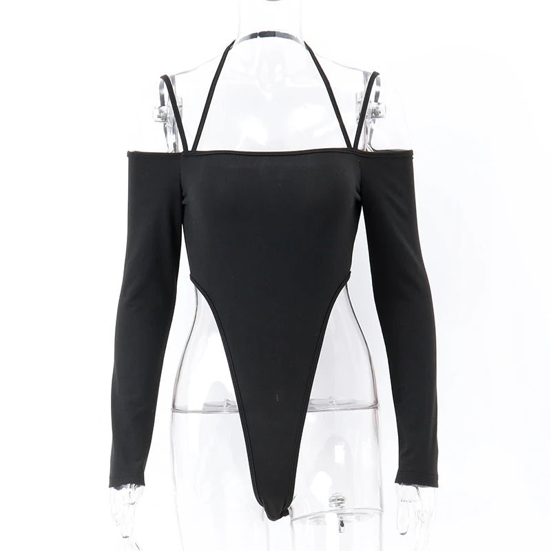 WhereMery Sexy Women's Off-Shoulder Halter Bodysuit Casual Spaghetti Straps Long Sleeve Slim T-Shirt for Party Clubwear Vestidos