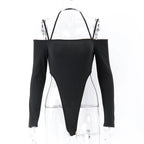 WhereMery Sexy Women's Off-Shoulder Halter Bodysuit Casual Spaghetti Straps Long Sleeve Slim T-Shirt for Party Clubwear Vestidos