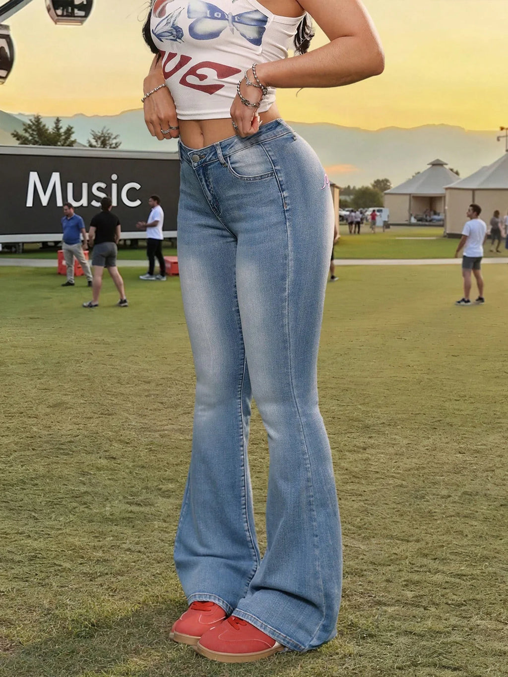 High - Waist Light Blue Flared Denim Jeans for Women - Stylish Pink Back Embroidery