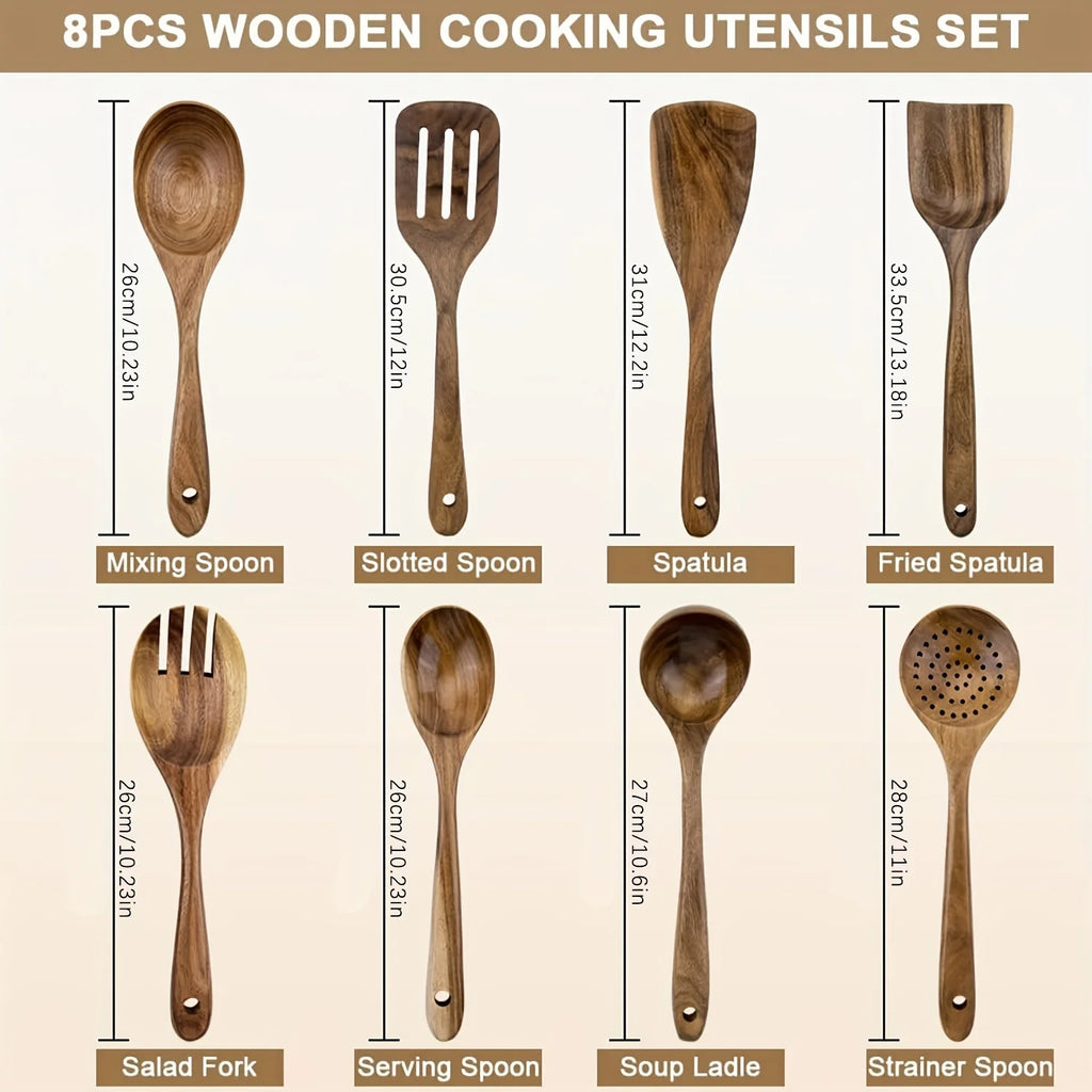 8pcs Wooden Kitchen Utensil Set Non Stick Cookware Tools Durable Wood Cooking Spoons And Spatulas  Multi Purpose Kit Antis Scald