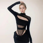 Women's Sexy Hollow Bodysuit Long Sleeved Mesh Tops Solid Fashion Half High Collar Jumpsuit Bottoming Clothes Y2k Club Bodysuits