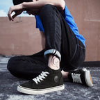 Men's High-Top Canvas Sneakers Slip-On Lace-Up Casual All-Black Basic Skate Shoes for Students Flat Sole Comfortable Sport Shoes