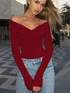Red Sexy Off Shoulder Women's Bodysuits Fashion Crossed Folds Skinny Rompers Long Sleeve Fashion Streetwear Autumn Bodysuits New