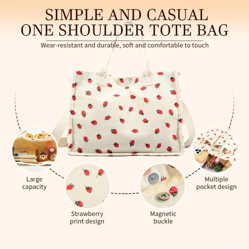 Tote Bag Cute Strawberry Patched Purse for Women Fabric Large Capacity Tote Purse Enduring Tote Bag with Adjustable Shoulder