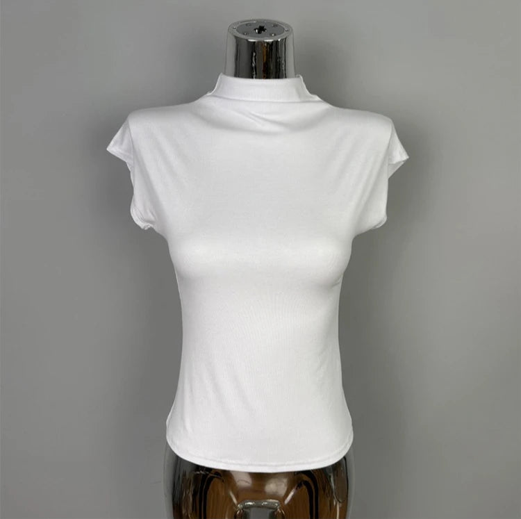 Female Streetwear Basics Versatile Tops Women Sexy Turtleneck Short Sleeve T-Shirts Solid Slim Fit Summer Causal Tees Shirts