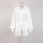 Women Jacquard Puff Sleeves Two Piece Sets for Summer Fashion Loose Shorts and Long Sleeved Shirt Outfits