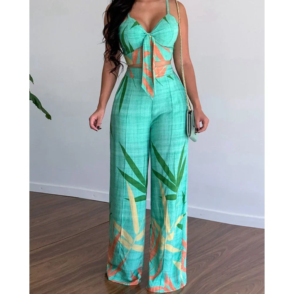 Summer Women Tropical Print Spaghetti Strap Casual Lace up Back Top &High Waist Pants Set 2 Pieces Suit Sets