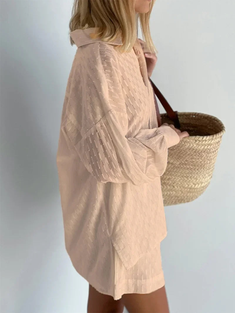 Women Jacquard Puff Sleeves Two Piece Sets for Summer Fashion Loose Shorts and Long Sleeved Shirt Outfits