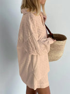 Women Jacquard Puff Sleeves Two Piece Sets for Summer Fashion Loose Shorts and Long Sleeved Shirt Outfits