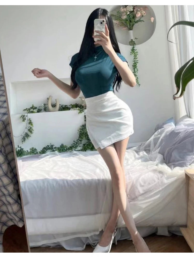 Female Streetwear Basics Versatile Tops Women Sexy Turtleneck Short Sleeve T-Shirts Solid Slim Fit Summer Causal Tees Shirts