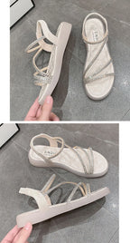 Flat-heeled Sandal Woman Rhinestone Comfortable Sandals for Women Summer New 2025 Without Heel Elegant Roman Fashion