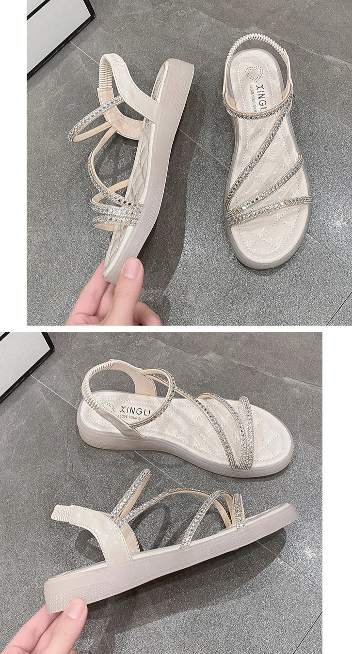Flat-heeled Sandal Woman Rhinestone Comfortable Sandals for Women Summer New 2025 Without Heel Elegant Roman Fashion