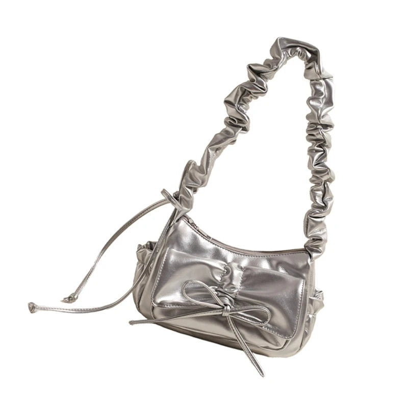 Stylish Casual Pleated Shoulder Bag with Novelty Bowknot PU Leather Handbag Purse for Female