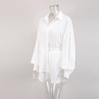 Women Jacquard Puff Sleeves Two Piece Sets for Summer Fashion Loose Shorts and Long Sleeved Shirt Outfits