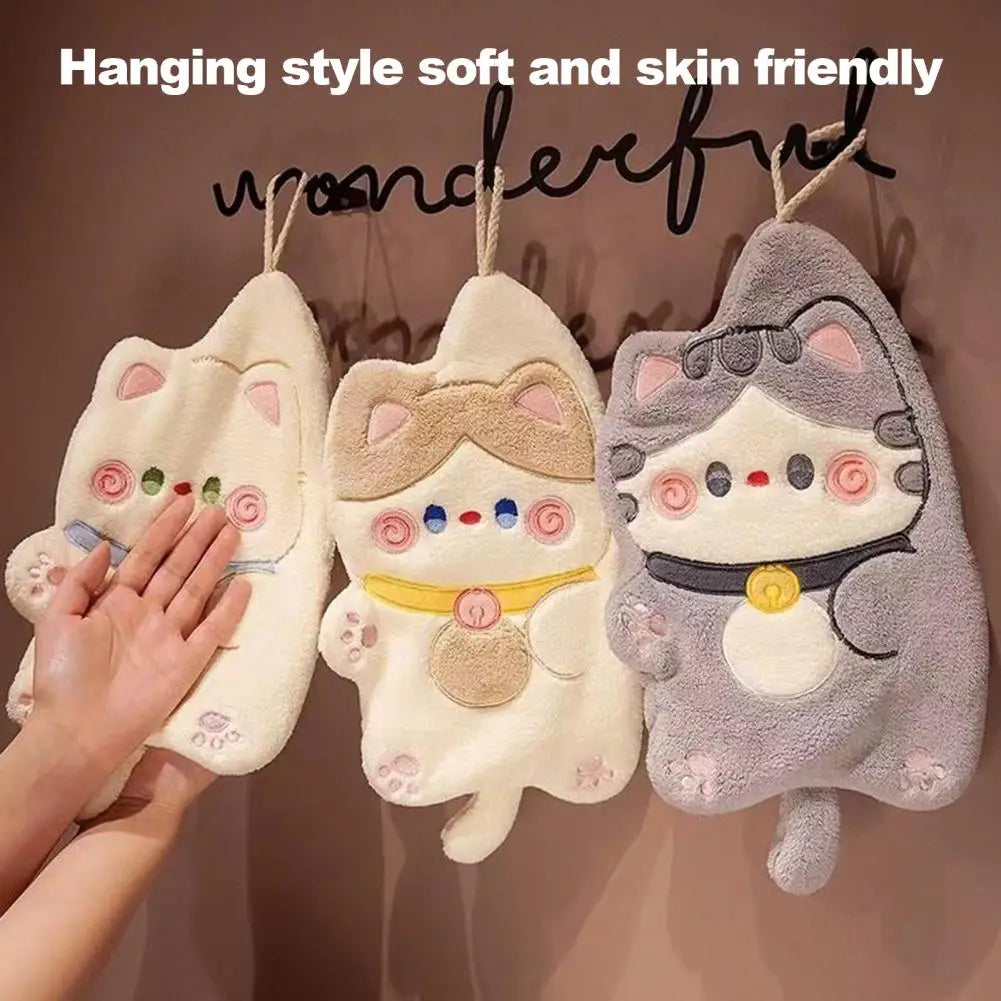 Kitchen Hand Towel Cartoon Cat Shape Highly Water Absorbent Face Washing Towel Coral Fleece Hanging Towel Home Decoration