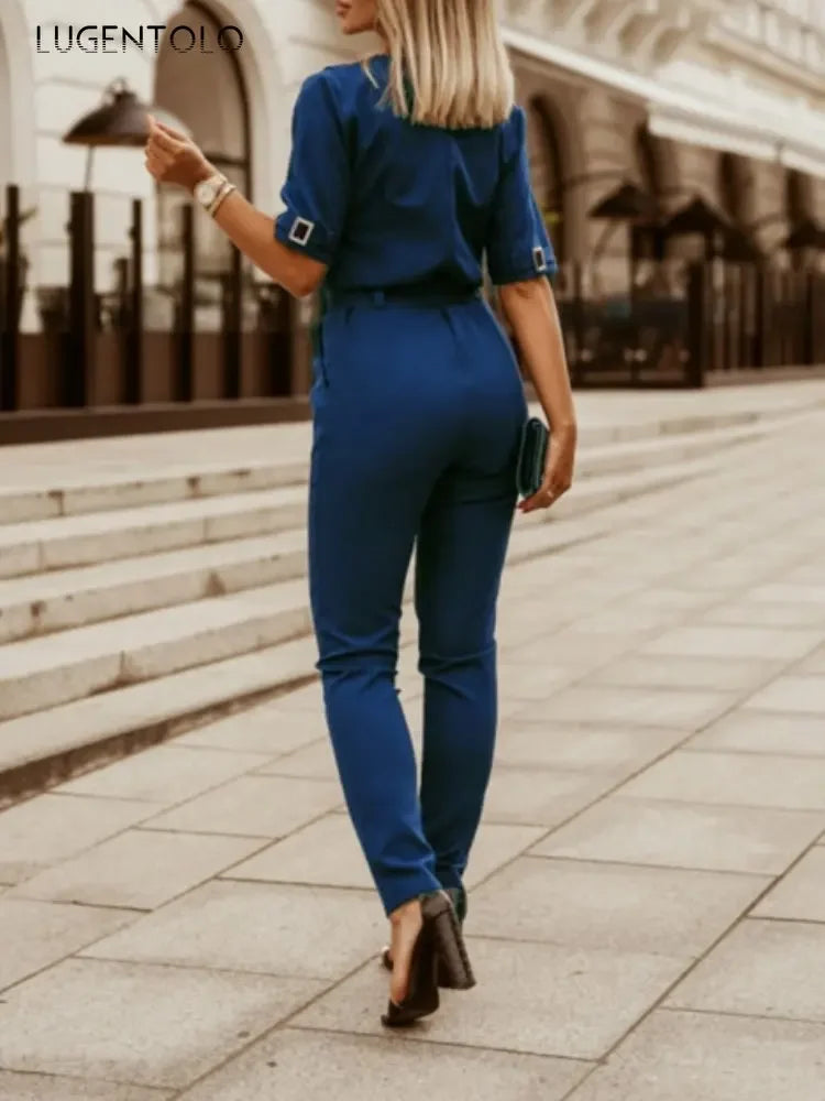 Women Suit Short Sleeve Jumpsuit Slim Fit Fashion Office Lady Spring Summer Elegant Solid Button Sexy High Waist Jumpsuits