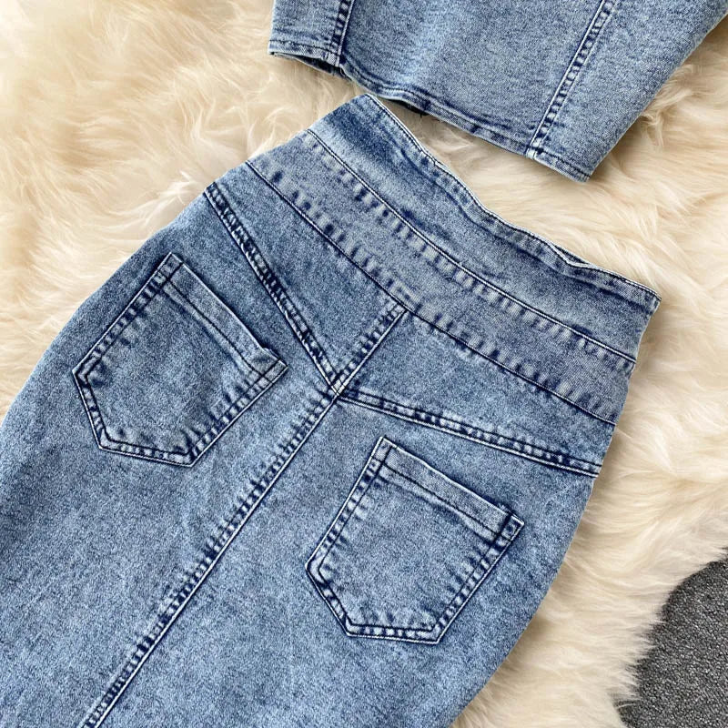 Skirt Sets Women Denim Skirts Two Piece Set Tanks Sleeve Less Slim Fit Vests High Waist Jeans Button Streetwear Summer