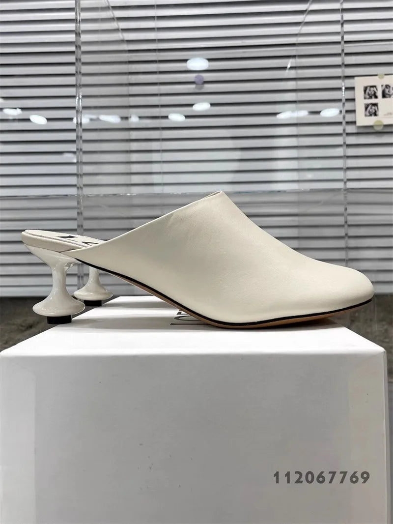 Square Toe Elegant Women Slippers Fad Mid Heels Leather Sandals Mule Shoes Trend Spring Designer Dress Femme Chaussures