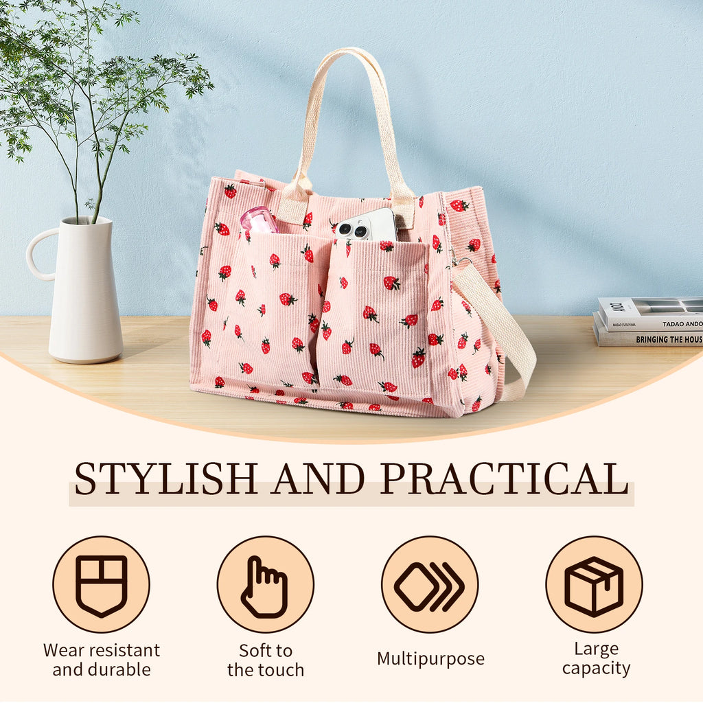 Tote Bag Cute Strawberry Patched Purse for Women Fabric Large Capacity Tote Purse Enduring Tote Bag with Adjustable Shoulder