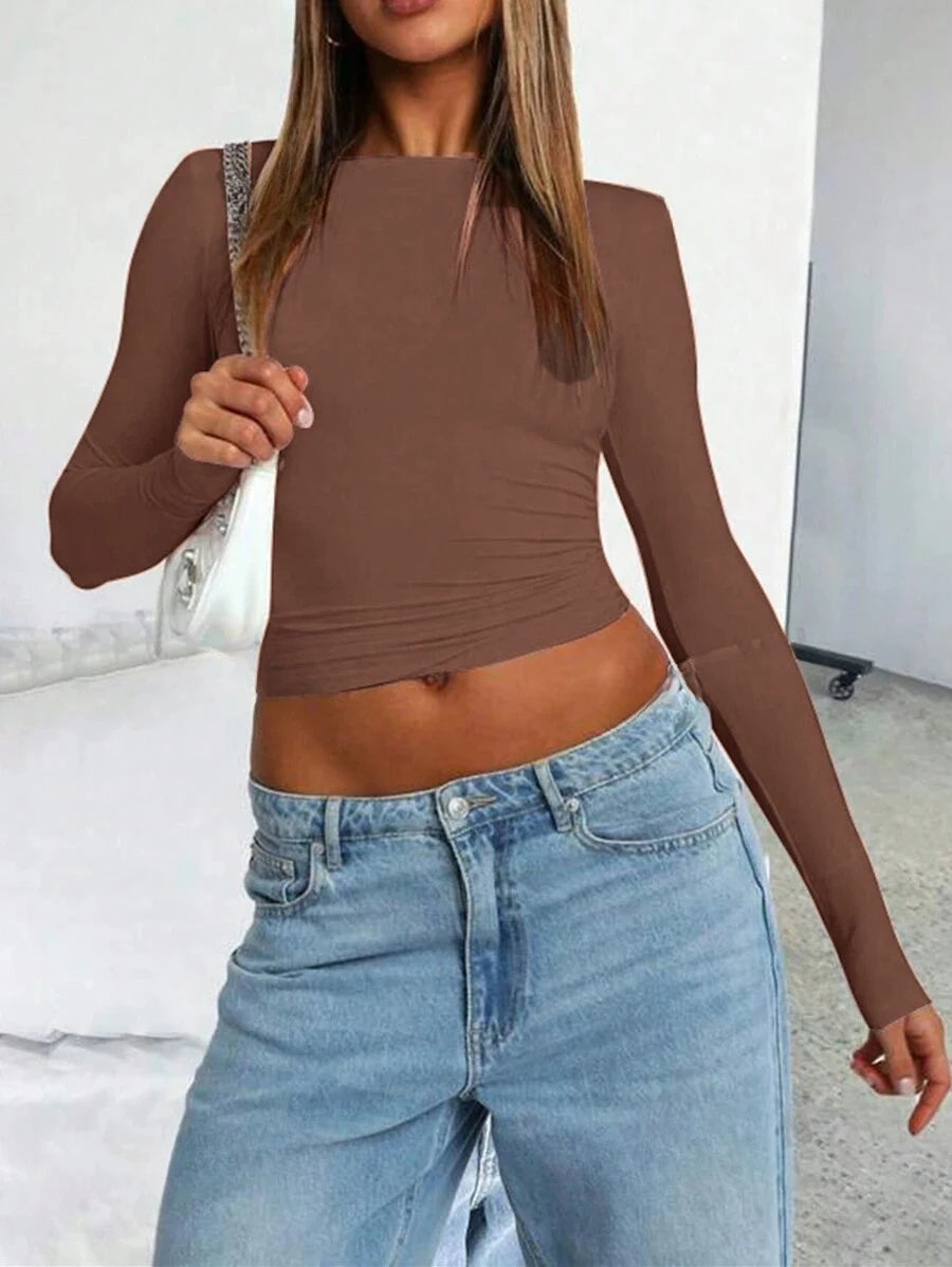 Womens Long Sleeve Shirts Basic Spring Crop Tops Fall Fashion Layering Slim Fitted Y2k Tops