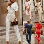 Women Suit Short Sleeve Jumpsuit Slim Fit Fashion Office Lady Spring Summer Elegant Solid Button Sexy High Waist Jumpsuits