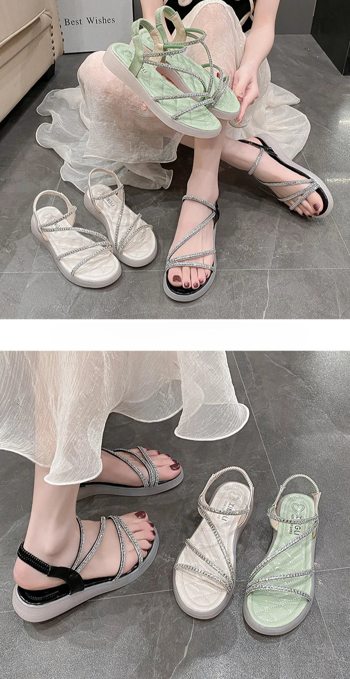 Flat-heeled Sandal Woman Rhinestone Comfortable Sandals for Women Summer New 2025 Without Heel Elegant Roman Fashion