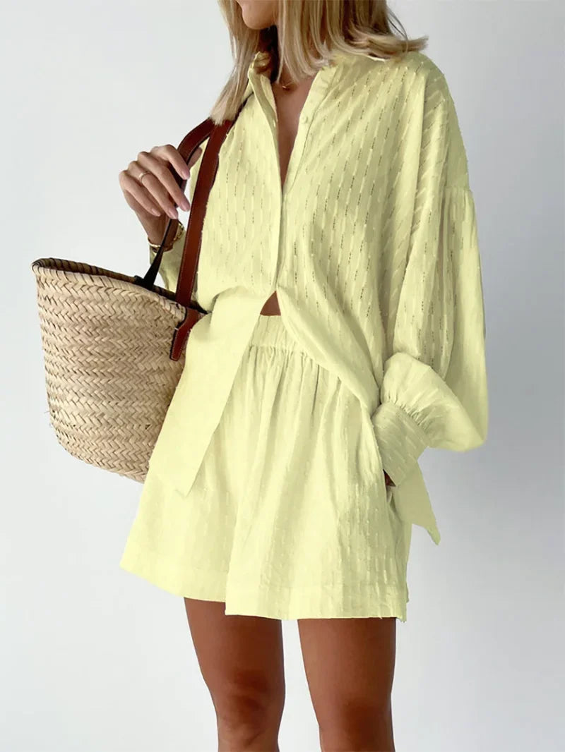 Women Jacquard Puff Sleeves Two Piece Sets for Summer Fashion Loose Shorts and Long Sleeved Shirt Outfits