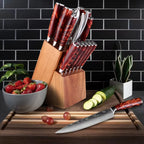 Kitchen Knife Set 15-Piece With Wooden Block,Laser Damascus Pattern Steel Professional Chef's Knife,With Scissor Sharpening Rod
