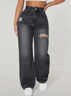 Mom Jeans Women Denim Pant Wide Leg Long Pants Hole High Waist Straight Trousers Y2k Streetwear Work Splice Casual 2025 Punk