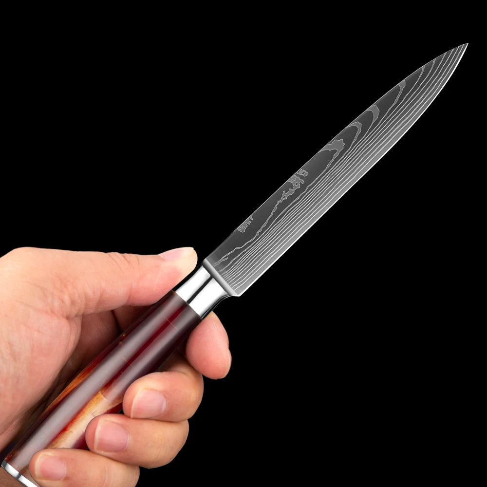 Kitchen Knife Set 15-Piece With Wooden Block,Laser Damascus Pattern Steel Professional Chef's Knife,With Scissor Sharpening Rod