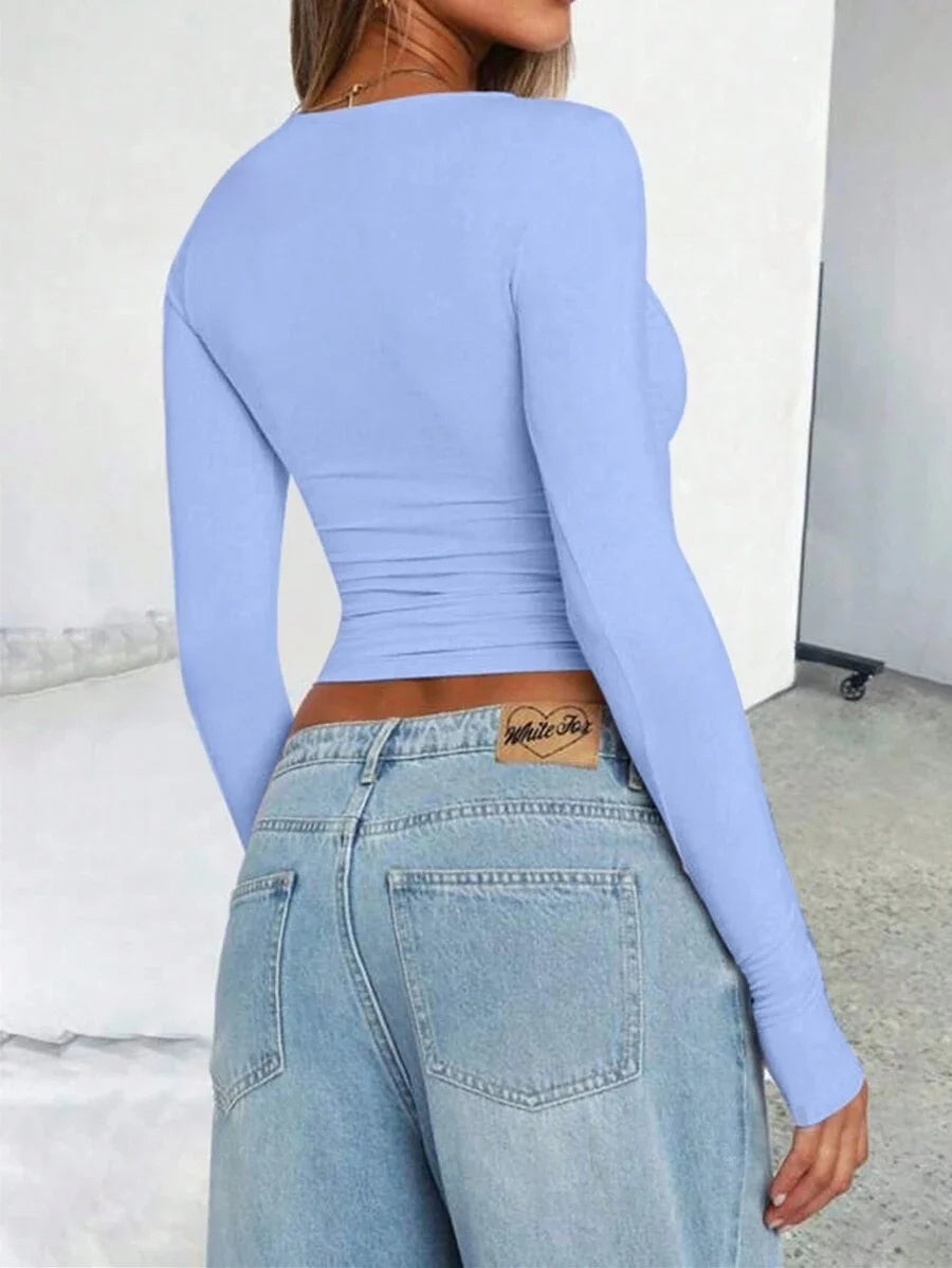 Womens Long Sleeve Shirts Basic Spring Crop Tops Fall Fashion Layering Slim Fitted Y2k Tops