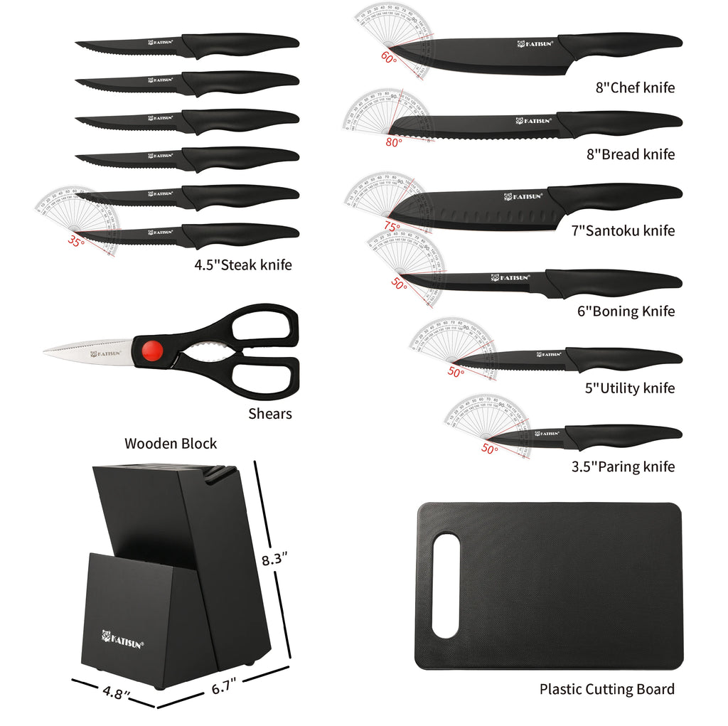 16 Pieces Carbon Steel Kitchen Knife Block Set with Cutting Board, Inner Sharpener, and 6 Steak Knives, Dishwasher Safe