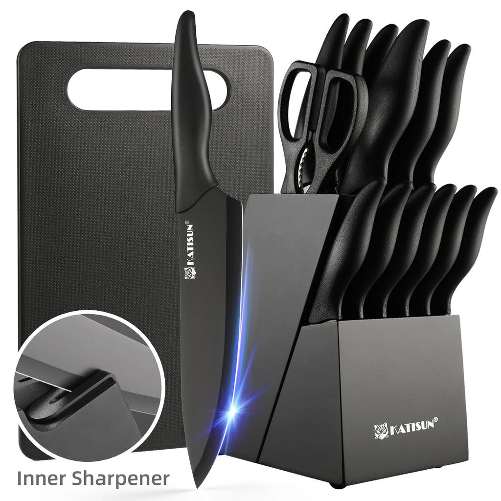 16 Pieces Carbon Steel Kitchen Knife Block Set with Cutting Board, Inner Sharpener, and 6 Steak Knives, Dishwasher Safe